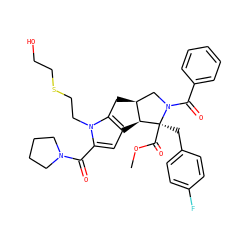 COC(=O)[C@@]1(Cc2ccc(F)cc2)[C@H]2c3cc(C(=O)N4CCCC4)n(CCSCCO)c3C[C@H]2CN1C(=O)c1ccccc1 ZINC000064654212