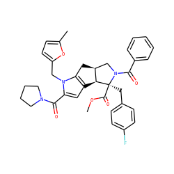 COC(=O)[C@@]1(Cc2ccc(F)cc2)[C@H]2c3cc(C(=O)N4CCCC4)n(Cc4ccc(C)o4)c3C[C@H]2CN1C(=O)c1ccccc1 ZINC000064654220