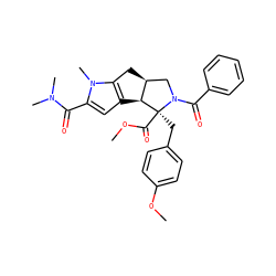 COC(=O)[C@@]1(Cc2ccc(OC)cc2)[C@H]2c3cc(C(=O)N(C)C)n(C)c3C[C@H]2CN1C(=O)c1ccccc1 ZINC000033363647