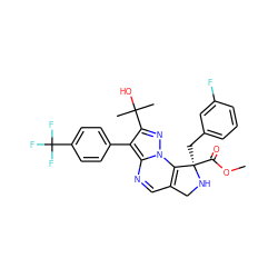 COC(=O)[C@@]1(Cc2cccc(F)c2)NCc2cnc3c(-c4ccc(C(F)(F)F)cc4)c(C(C)(C)O)nn3c21 ZINC000299839931