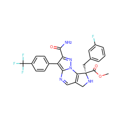 COC(=O)[C@@]1(Cc2cccc(F)c2)NCc2cnc3c(-c4ccc(C(F)(F)F)cc4)c(C(N)=O)nn3c21 ZINC000299833282