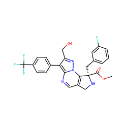 COC(=O)[C@@]1(Cc2cccc(F)c2)NCc2cnc3c(-c4ccc(C(F)(F)F)cc4)c(CO)nn3c21 ZINC000299836224