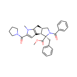 COC(=O)[C@@]1(Cc2ccccc2)[C@H]2c3cc(C(=O)N4CCCC4)n(C)c3C[C@H]2CN1C(=O)c1ccccc1 ZINC000033363649