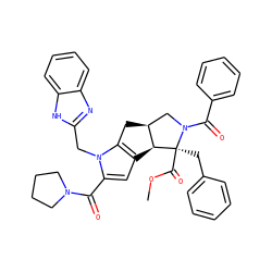 COC(=O)[C@@]1(Cc2ccccc2)[C@H]2c3cc(C(=O)N4CCCC4)n(Cc4nc5ccccc5[nH]4)c3C[C@H]2CN1C(=O)c1ccccc1 ZINC000064576393