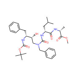 COC(=O)[C@@H](C)NC(=O)[C@@H](CC(C)C)NC(=O)N(Cc1ccccc1)C[C@@H](O)[C@@H](Cc1ccccc1)NC(=O)OC(C)(C)C ZINC000028634911
