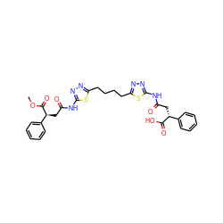 COC(=O)[C@@H](CC(=O)Nc1nnc(CCCCc2nnc(NC(=O)C[C@@H](C(=O)O)c3ccccc3)s2)s1)c1ccccc1 ZINC000169697954