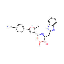 COC(=O)[C@@H](Cc1nc2ccccc2[nH]1)NC(=O)c1cc(-c2ccc(C#N)cc2)oc1C ZINC000045353685