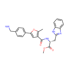 COC(=O)[C@@H](Cc1nc2ccccc2[nH]1)NC(=O)c1cc(-c2ccc(CN)cc2)oc1C ZINC000045347544