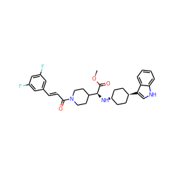 COC(=O)[C@@H](N[C@H]1CC[C@H](c2c[nH]c3ccccc32)CC1)C1CCN(C(=O)/C=C/c2cc(F)cc(F)c2)CC1 ZINC000261092644