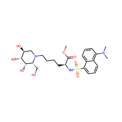 COC(=O)[C@H](CCCCN1C[C@H](O)[C@@H](O)[C@@H](O)[C@H]1CO)NS(=O)(=O)c1cccc2c(N(C)C)cccc12 ZINC000044386546