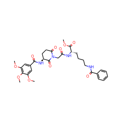 COC(=O)[C@H](CCCCNC(=O)c1ccccc1)NC(=O)CN1C(=O)CC[C@H](NC(=O)c2cc(OC)c(OC)c(OC)c2)C1=O ZINC000028894598