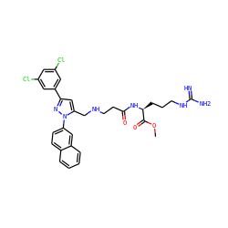 COC(=O)[C@H](CCCNC(=N)N)NC(=O)CCNCc1cc(-c2cc(Cl)cc(Cl)c2)nn1-c1ccc2ccccc2c1 ZINC000058583271