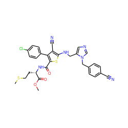 COC(=O)[C@H](CCSC)NC(=O)c1sc(NCc2cncn2Cc2ccc(C#N)cc2)c(C#N)c1-c1ccc(Cl)cc1 ZINC000653799450