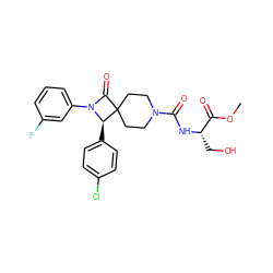 COC(=O)[C@H](CO)NC(=O)N1CCC2(CC1)C(=O)N(c1cccc(F)c1)[C@@H]2c1ccc(Cl)cc1 ZINC000058602652