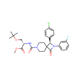 COC(=O)[C@H](COC(C)(C)C)NC(=O)N1CCC2(CC1)C(=O)N(c1cccc(F)c1)[C@@H]2c1ccc(Cl)cc1 ZINC000058494061
