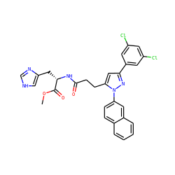 COC(=O)[C@H](Cc1c[nH]cn1)NC(=O)CCc1cc(-c2cc(Cl)cc(Cl)c2)nn1-c1ccc2ccccc2c1 ZINC000058660687