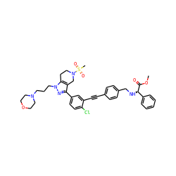 COC(=O)[C@H](NCc1ccc(C#Cc2cc(-c3nn(CCCN4CCOCC4)c4c3CN(S(C)(=O)=O)CC4)ccc2Cl)cc1)c1ccccc1 ZINC000049723019
