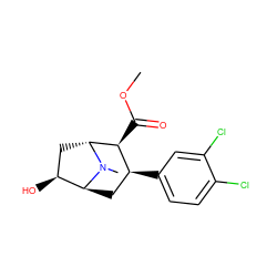 COC(=O)[C@H]1[C@@H](c2ccc(Cl)c(Cl)c2)C[C@H]2[C@@H](O)C[C@H]1N2C ZINC000100891236