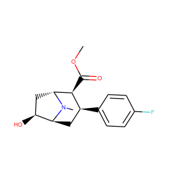 COC(=O)[C@H]1[C@@H](c2ccc(F)cc2)C[C@H]2[C@@H](O)C[C@H]1N2C ZINC000100891307