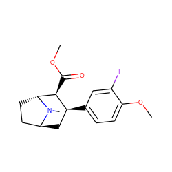 COC(=O)[C@H]1[C@@H](c2ccc(OC)c(I)c2)C[C@H]2CC[C@H]1N2C ZINC000101221624