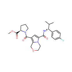 COC(=O)[C@H]1CCCN1C(=O)c1cc(C(=O)N[C@@H](c2ccc(F)cc2)C(C)C)n2c1COCC2 ZINC000143912539