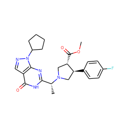 COC(=O)[C@H]1CN([C@H](C)c2nc3c(cnn3C3CCCC3)c(=O)[nH]2)C[C@@H]1c1ccc(F)cc1 ZINC001772589811