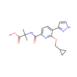 COC(=O)C(C)(C)NC(=O)c1ccc(-c2cc[nH]n2)c(OCC2CC2)n1 ZINC000150224140