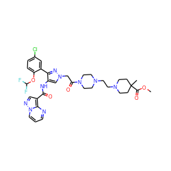 COC(=O)C1(C)CCN(CCN2CCN(C(=O)Cn3cc(NC(=O)c4cnn5cccnc45)c(-c4cc(Cl)ccc4OC(F)F)n3)CC2)CC1 ZINC001772570199