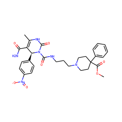 COC(=O)C1(c2ccccc2)CCN(CCCNC(=O)N2C(=O)NC(C)=C(C(N)=O)[C@@H]2c2ccc([N+](=O)[O-])cc2)CC1 ZINC000027527261