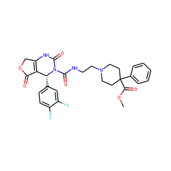 COC(=O)C1(c2ccccc2)CCN(CCNC(=O)N2C(=O)NC3=C(C(=O)OC3)[C@H]2c2ccc(F)c(F)c2)CC1 ZINC000100844342