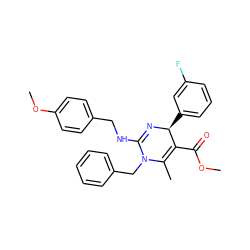 COC(=O)C1=C(C)N(Cc2ccccc2)C(NCc2ccc(OC)cc2)=N[C@H]1c1cccc(F)c1 ZINC000015937405