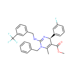 COC(=O)C1=C(C)N(Cc2ccccc2)C(NCc2cccc(C(F)(F)F)c2)=N[C@H]1c1cccc(F)c1 ZINC000015937402