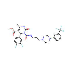 COC(=O)C1=C(C)NC(=O)N(C(=O)NCCCN2CCN(c3cccc(C(F)(F)F)c3)CC2)[C@@H]1c1ccc(F)c(F)c1 ZINC000027548057