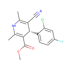 COC(=O)C1=C(C)NC(C)=C(C#N)[C@@H]1c1ccc(F)cc1Cl ZINC000035812230