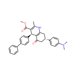 COC(=O)C1=C(C)NC2=C(C(=O)C[C@@H](c3ccc(N(C)C)cc3)C2)[C@H]1c1ccc(-c2ccccc2)cc1 ZINC000095573310