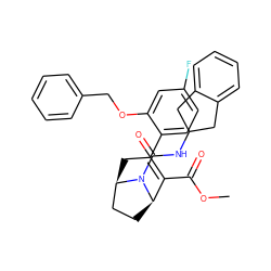 COC(=O)C1=C(c2ccc(F)cc2OCc2ccccc2)C[C@@H]2CC[C@H]1N2C(=O)NC1Cc2ccccc2C1 ZINC000038140381