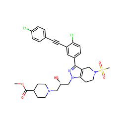 COC(=O)C1CCN(C[C@H](O)Cn2nc(-c3ccc(Cl)c(C#Cc4ccc(Cl)cc4)c3)c3c2CCN(S(C)(=O)=O)C3)CC1 ZINC000049695318