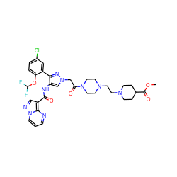 COC(=O)C1CCN(CCN2CCN(C(=O)Cn3cc(NC(=O)c4cnn5cccnc45)c(-c4cc(Cl)ccc4OC(F)F)n3)CC2)CC1 ZINC001772576330