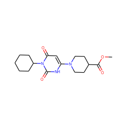 COC(=O)C1CCN(c2cc(=O)n(C3CCCCC3)c(=O)[nH]2)CC1 ZINC000002961206