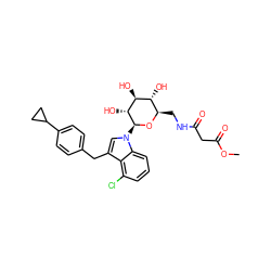 COC(=O)CC(=O)NC[C@H]1O[C@@H](n2cc(Cc3ccc(C4CC4)cc3)c3c(Cl)cccc32)[C@H](O)[C@@H](O)[C@@H]1O ZINC000206913709