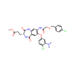 COC(=O)CC[C@H]1NC(=O)c2cc(Oc3ccc(Cl)c(N(C)C)c3)c(NC(=O)COCc3ccc(Cl)cc3)cc2NC1=O ZINC001772601323