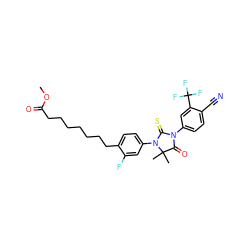 COC(=O)CCCCCCCc1ccc(N2C(=S)N(c3ccc(C#N)c(C(F)(F)F)c3)C(=O)C2(C)C)cc1F ZINC001772616940