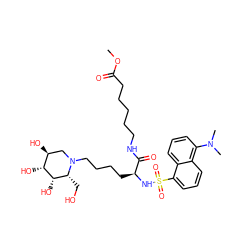 COC(=O)CCCCCNC(=O)[C@H](CCCCN1C[C@H](O)[C@@H](O)[C@@H](O)[C@H]1CO)NS(=O)(=O)c1cccc2c(N(C)C)cccc12 ZINC000049898133