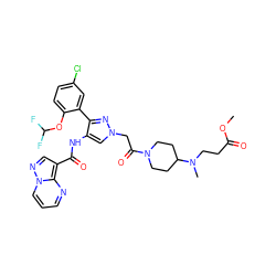 COC(=O)CCN(C)C1CCN(C(=O)Cn2cc(NC(=O)c3cnn4cccnc34)c(-c3cc(Cl)ccc3OC(F)F)n2)CC1 ZINC001772569875