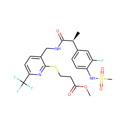 COC(=O)CCSc1nc(C(F)(F)F)ccc1CNC(=O)[C@@H](C)c1ccc(NS(C)(=O)=O)c(F)c1 ZINC000096286086