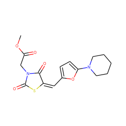 COC(=O)CN1C(=O)S/C(=C/c2ccc(N3CCCCC3)o2)C1=O ZINC000004873482