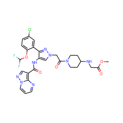 COC(=O)CNC1CCN(C(=O)Cn2cc(NC(=O)c3cnn4cccnc34)c(-c3cc(Cl)ccc3OC(F)F)n2)CC1 ZINC001772593748