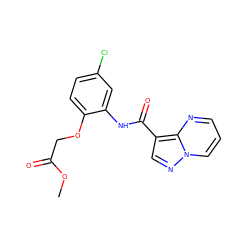 COC(=O)COc1ccc(Cl)cc1NC(=O)c1cnn2cccnc12 ZINC000113652575