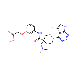 COC(=O)COc1cccc(NC(=O)C2(CN(C)C)CCN(c3ncnc4[nH]cc(C)c34)CC2)c1 ZINC000473112379