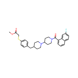 COC(=O)CSc1ccc(CC2CCN(C3CCN(C(=O)c4cccc5ccc(F)cc45)CC3)CC2)cc1 ZINC000013440432